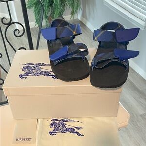 Burberry Blue and Black Plaid Strap Sandals